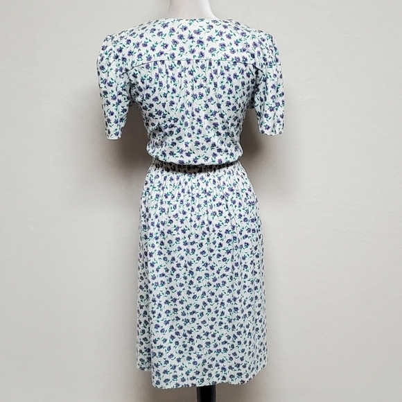 VINTAGE 80s Jordan Michaels Calico Ditsy Floral Short Sleeve Stretchy Midi Dress - Picture 11 of 15